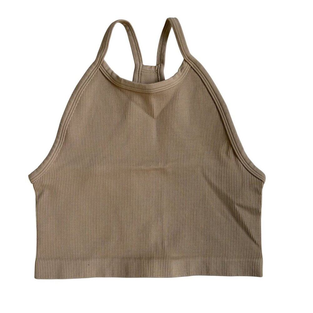 TNA by Aritzia Ribbed High Neck Cropped Tank Top (Tan) - Size Small (?)